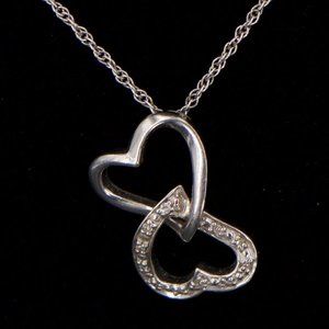 Sterling Silver Diamond Heart Necklace Diamond Accent Double Heart Pendant 18.5"